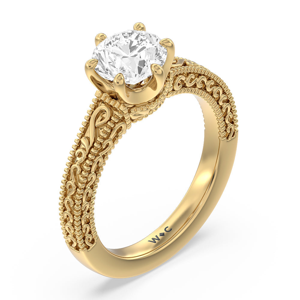 Vintage Carved Orchard Solitaire Engagement Ring with Round Cut Diamond in 14KT Yellow Gold view 3
