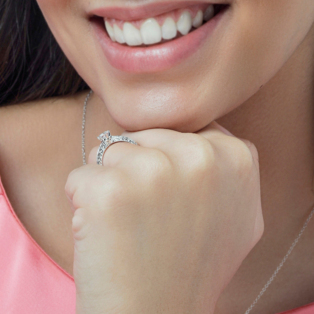 Model Wearing Vintage Carved Orchard Solitaire Engagement Ring view