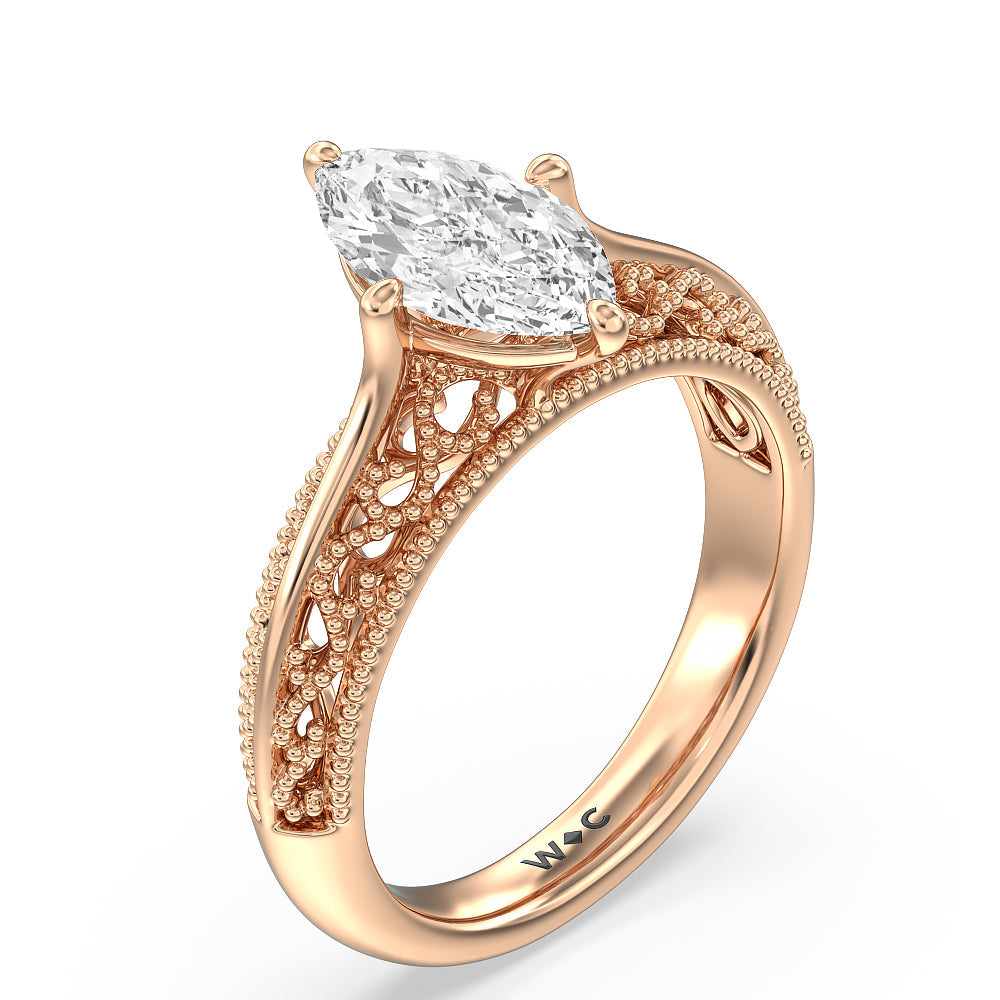 Marquise Cut Vintage Filigree Engagement Ring with Lab Grown Diamond in 14KT Rose Gold view 3
