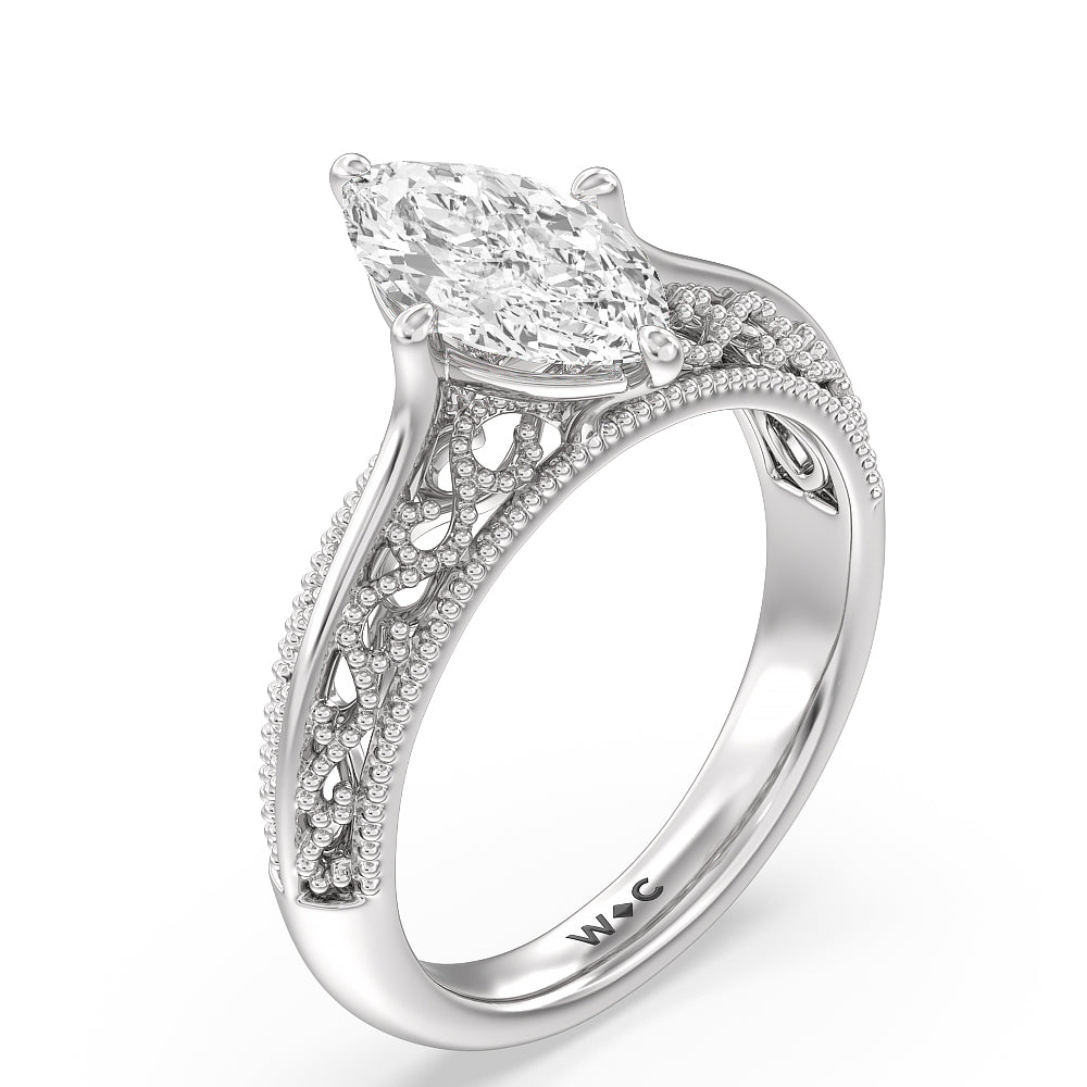 Marquise Cut Vintage Filigree Engagement Ring with Lab Grown Diamond in 14KT Platinum view 3
