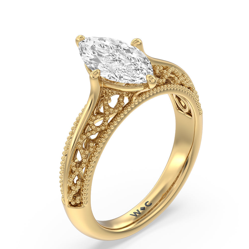 Marquise Cut Vintage Filigree Engagement Ring with Lab Grown Diamond in 14KT Yellow Gold view 3
