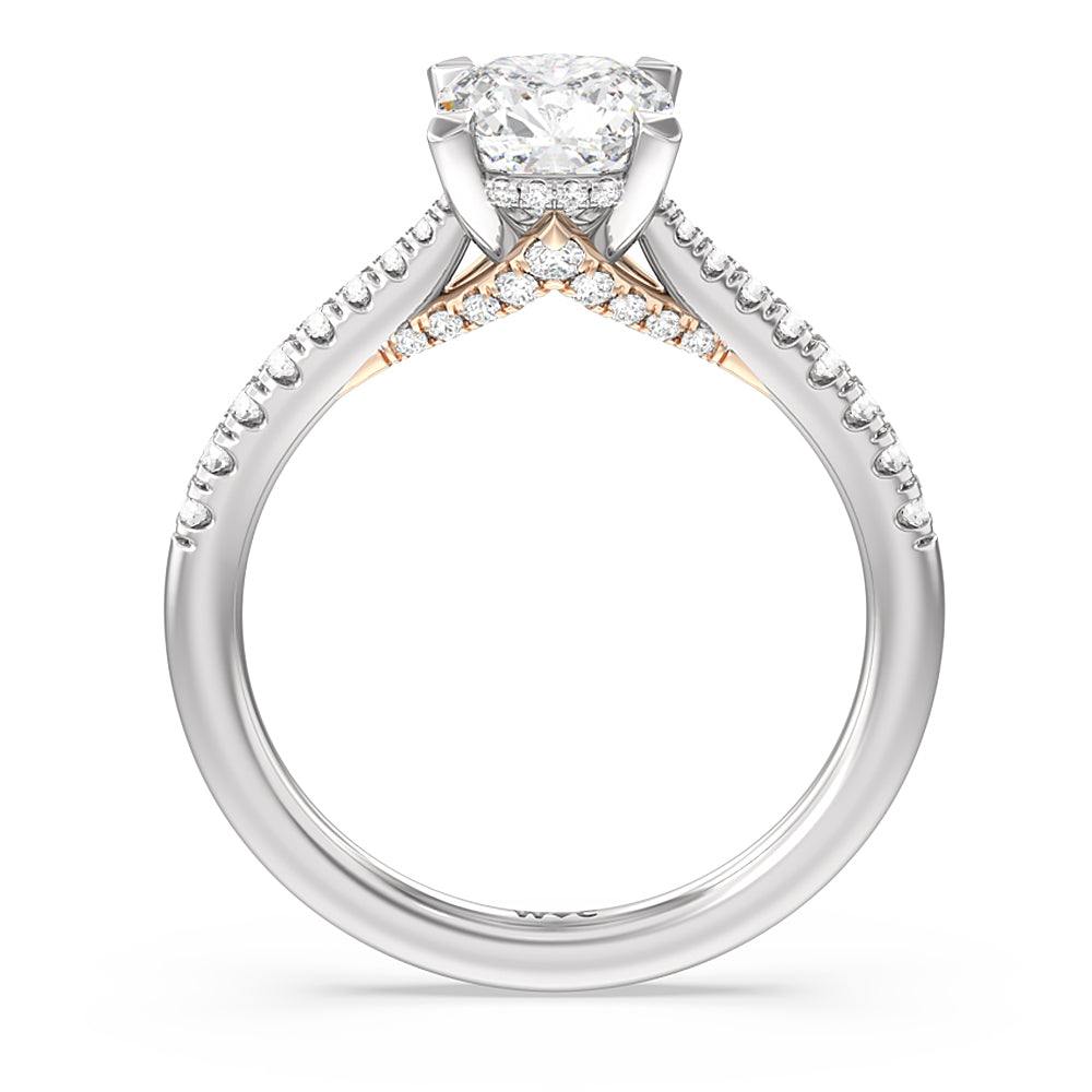 Tapered Pave Diamond Hidden Halo Ring with Cushion Cut Diamond in 14KT White & Rose Gold view 2
