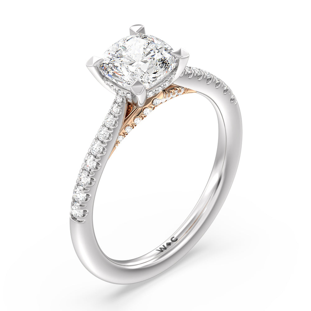 Tapered Pave Diamond Hidden Halo Ring with Cushion Cut Diamond in 14KT White & Rose Gold view 3
