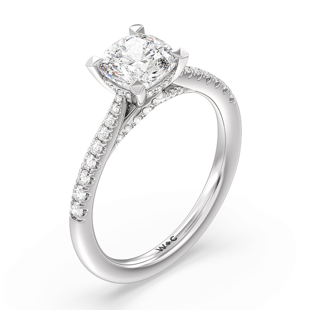 Tapered Pave Diamond Hidden Halo Ring with Cushion Cut Diamond in 14KT Platinum view 3
