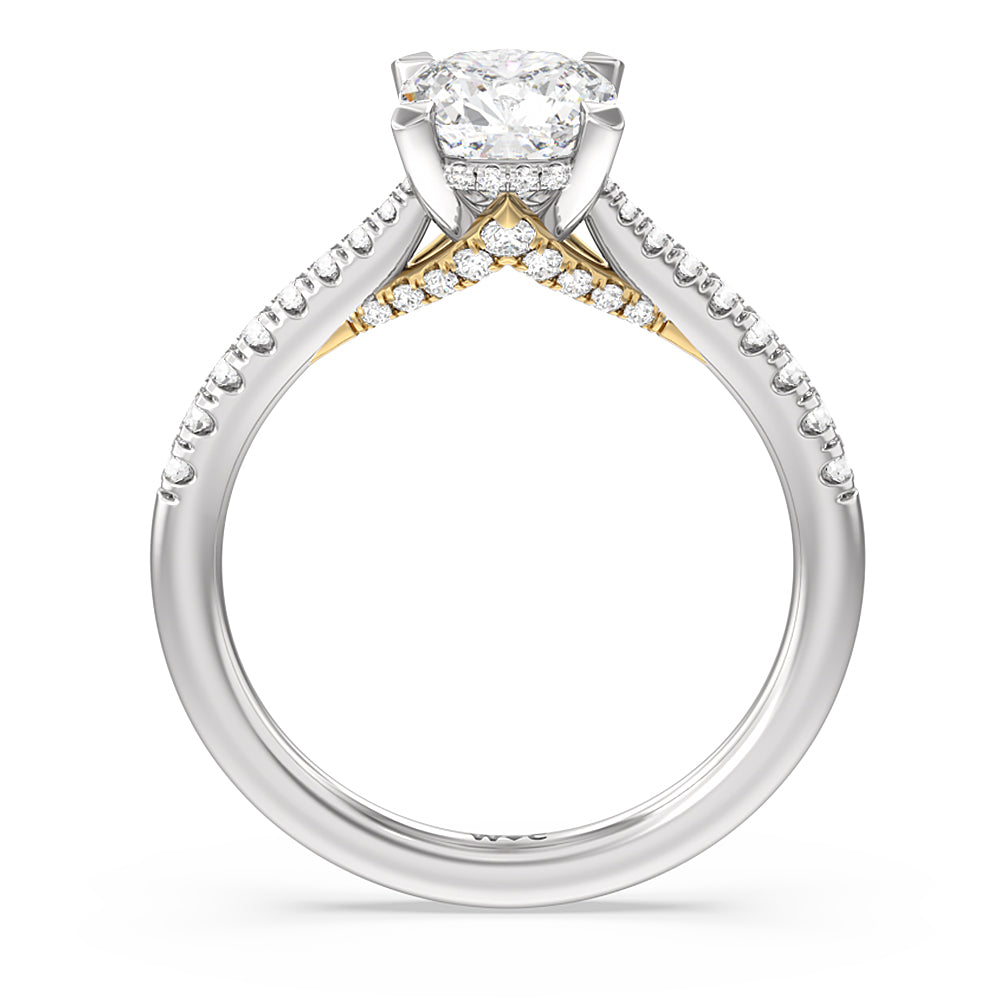 Tapered Pave Diamond Hidden Halo Ring with Cushion Cut Diamond in 14KT White & Yellow Gold view 2
