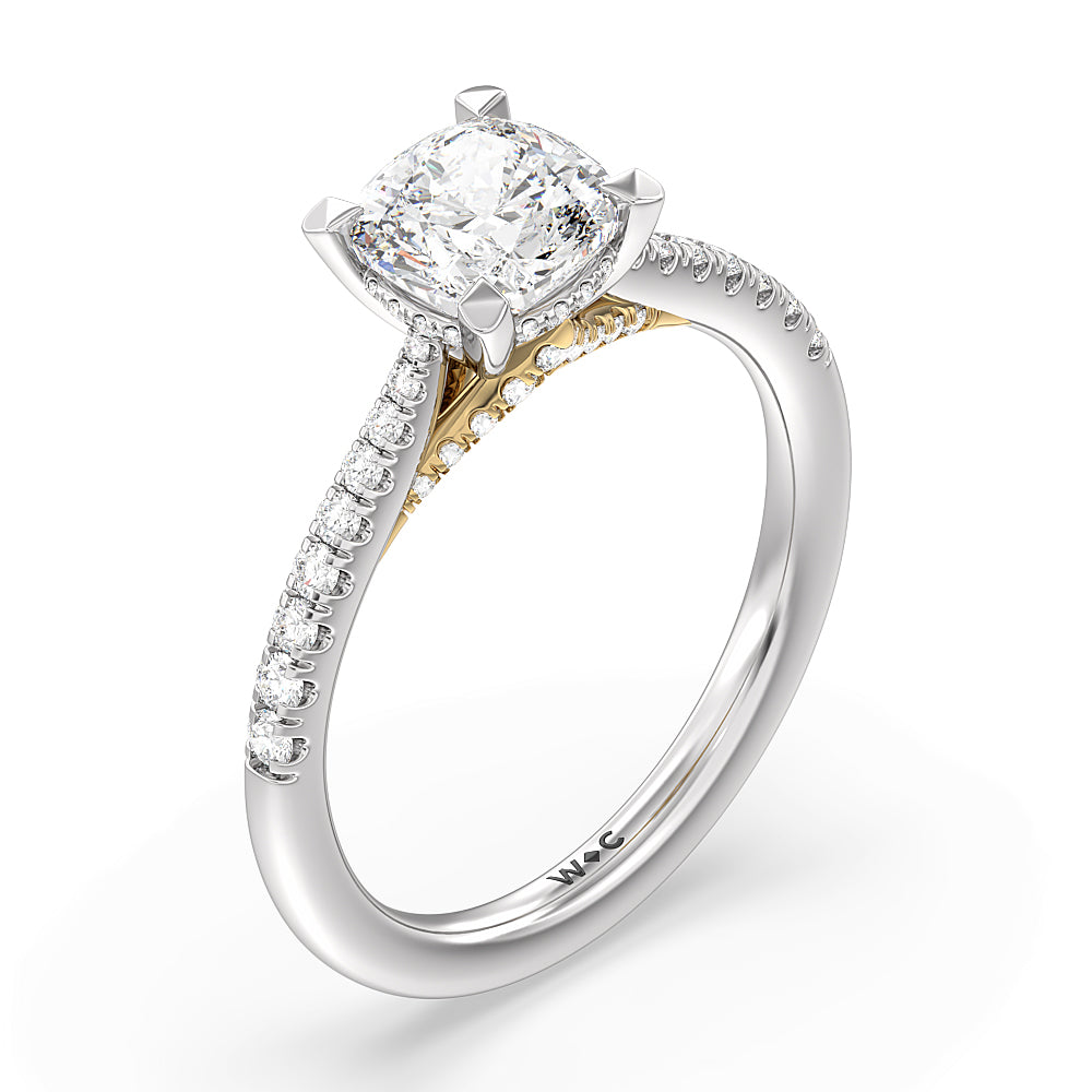 Tapered Pave Diamond Hidden Halo Ring with Cushion Cut Diamond in 14KT White & Yellow Gold view 3
