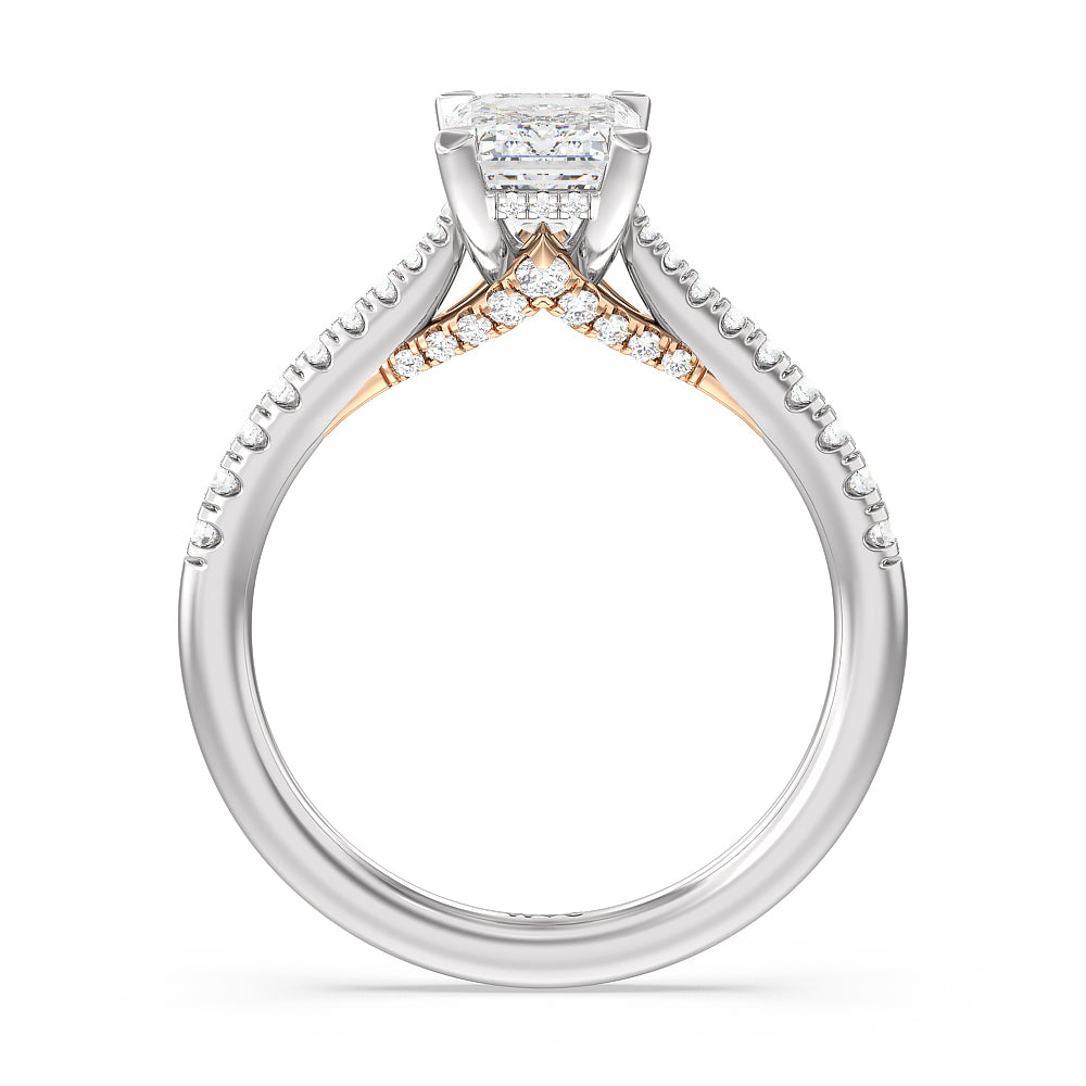 Tapered Pave Diamond Hidden Halo Ring with Emerald Cut Diamond in 14KT White & Rose Gold view 2
