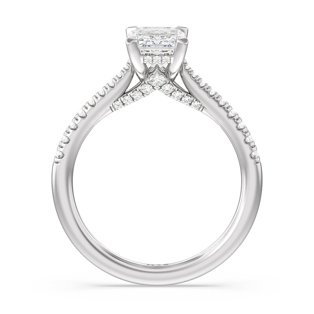Tapered Pave Diamond Hidden Halo Ring with Emerald Cut Diamond in 14KT Platinum view 2
