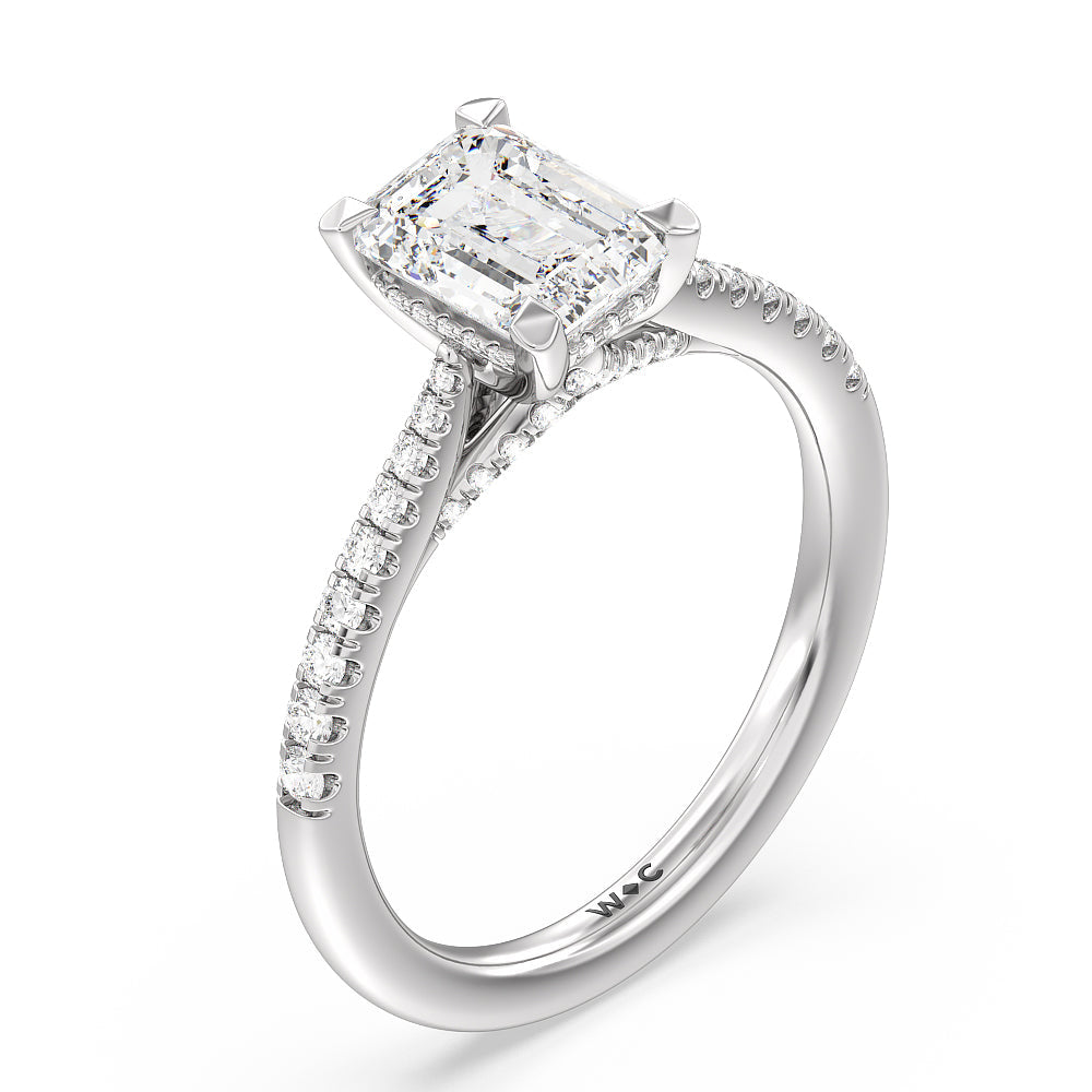Tapered Pave Diamond Hidden Halo Ring with Emerald Cut Diamond in 14KT Platinum view 3
