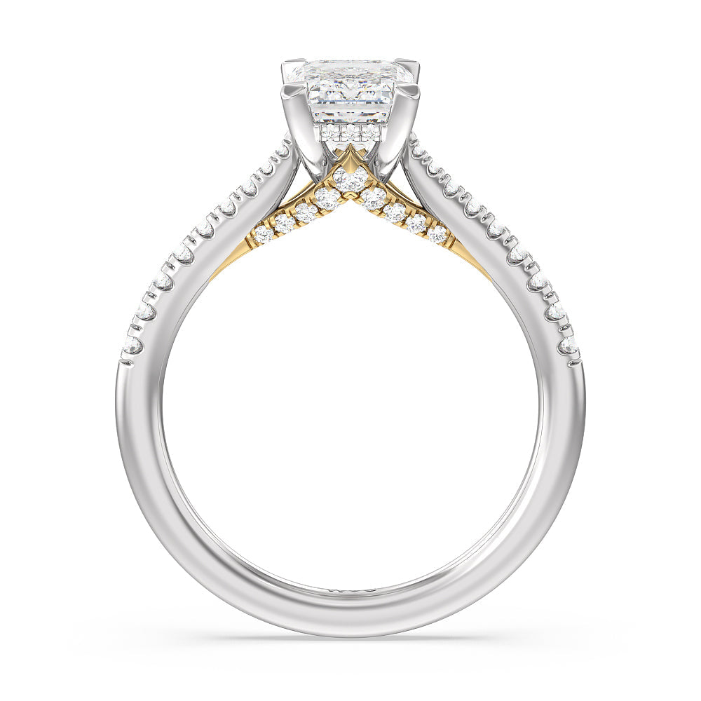 Tapered Pave Diamond Hidden Halo Ring with Emerald Cut Diamond in 14KT White & Yellow Gold view 2
