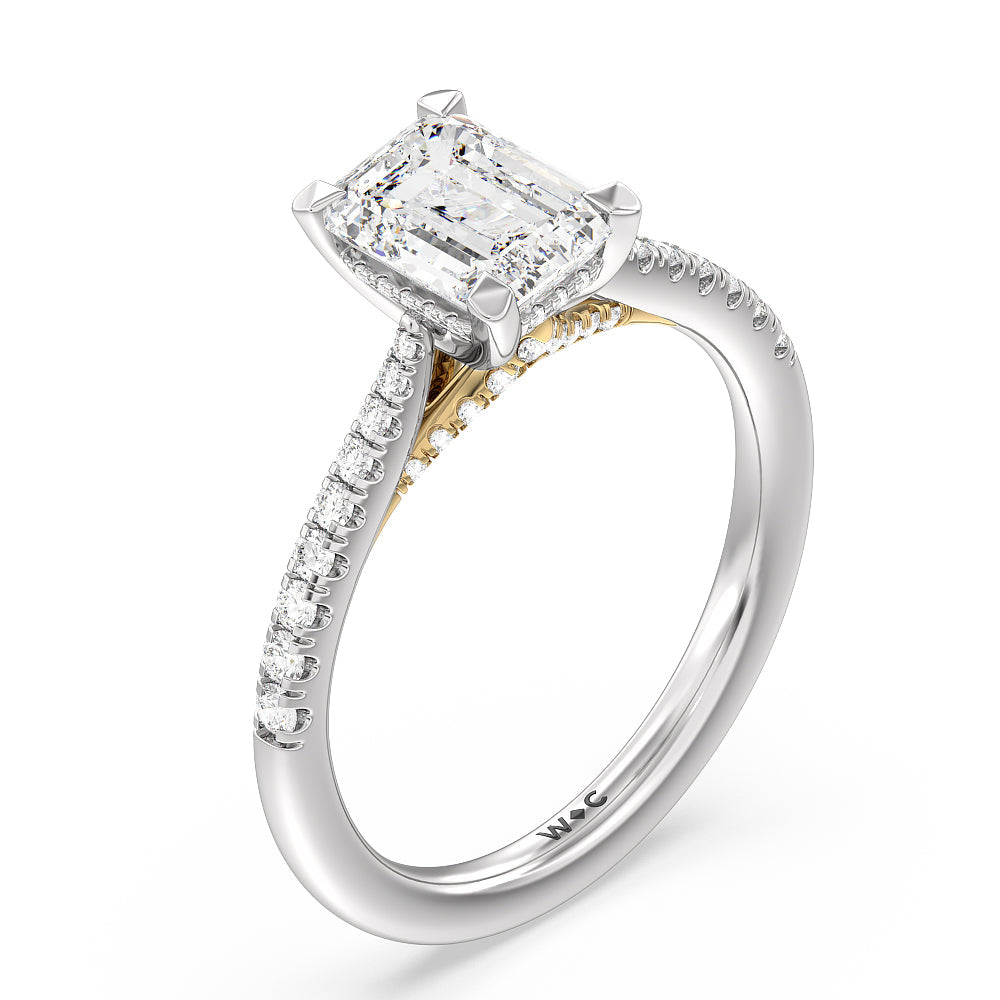 Tapered Pave Diamond Hidden Halo Ring with Emerald Cut Diamond in 14KT White & Yellow Gold view 3

