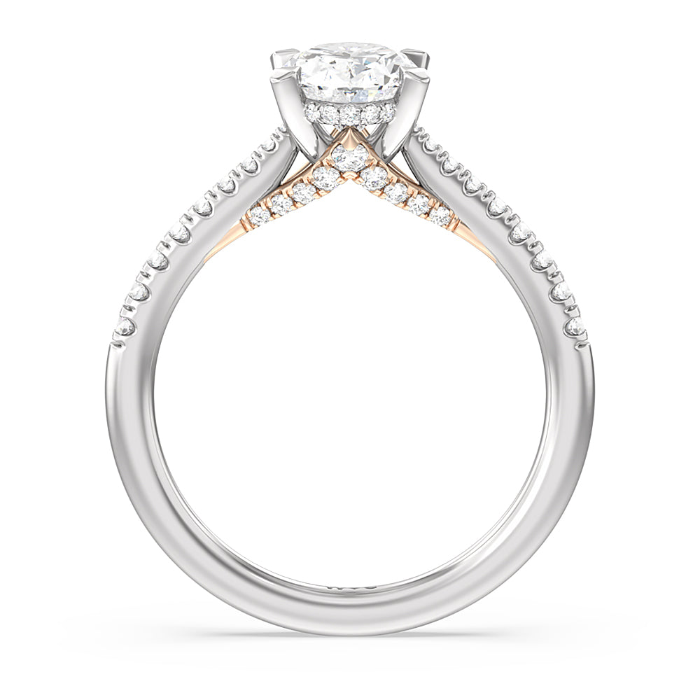 Tapered Pave Diamond Hidden Halo Ring with Oval Cut Diamond in 14KT White & Rose Gold view 2
