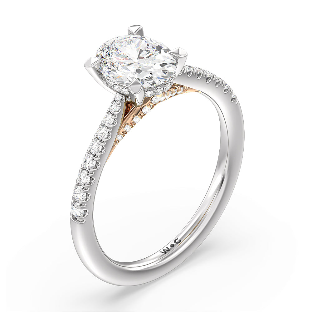 Tapered Pave Diamond Hidden Halo Ring with Oval Cut Diamond in 14KT White & Rose Gold view 3
