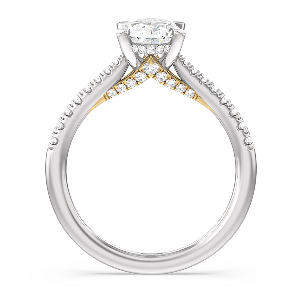 Tapered Pave Diamond Hidden Halo Ring with Oval Cut Diamond in 14KT White & Yellow Gold view 2
