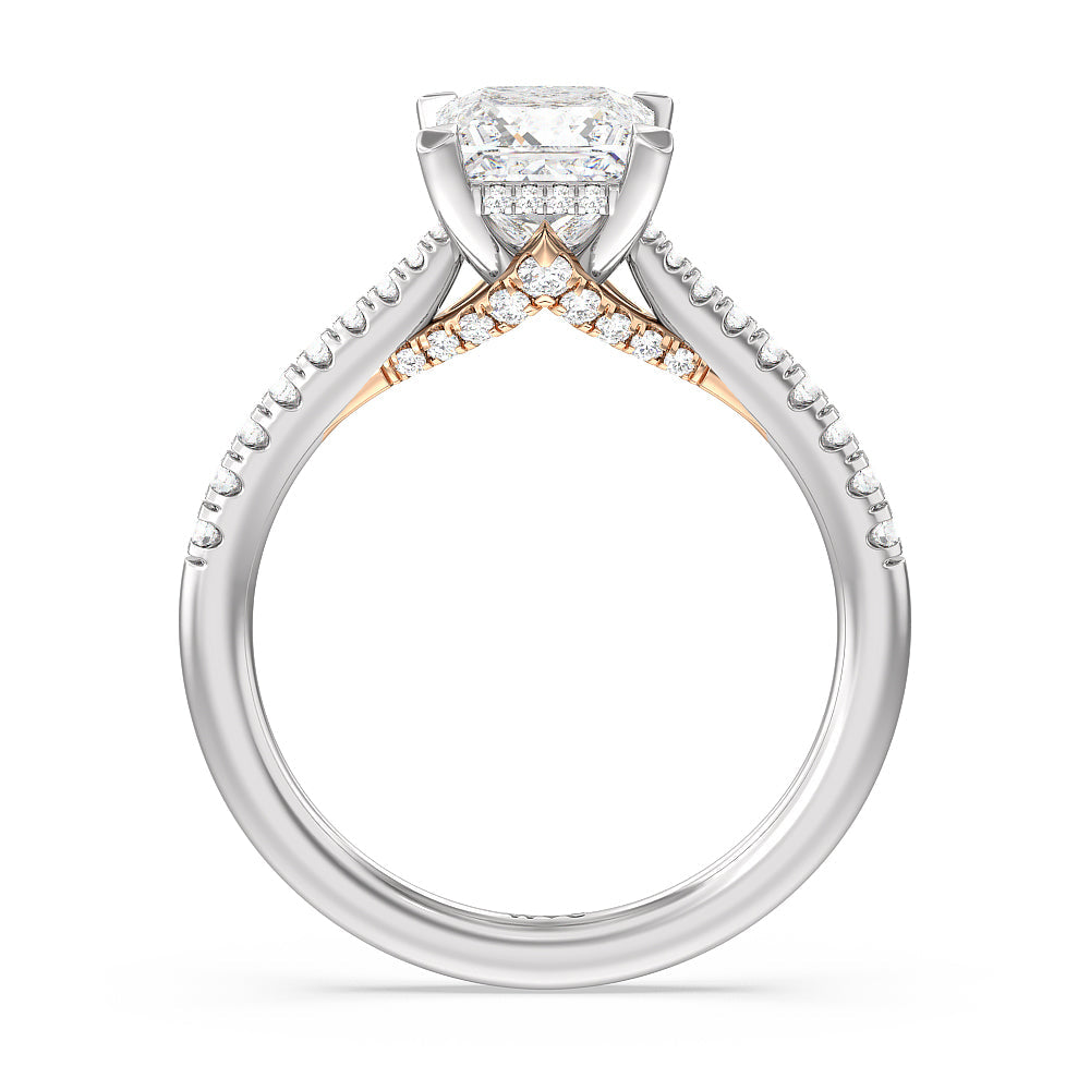 Tapered Pave Diamond Hidden Halo Ring with Princess Cut Diamond in 14KT White & Rose Gold view 2
