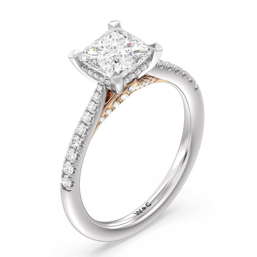 Tapered Pave Diamond Hidden Halo Ring with Princess Cut Diamond in 14KT White & Rose Gold view 3
