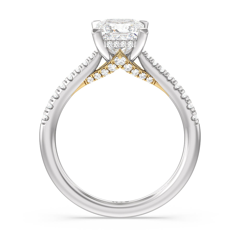 Tapered Pave Diamond Hidden Halo Ring with Princess Cut Diamond in 14KT White & Yellow Gold view 2

