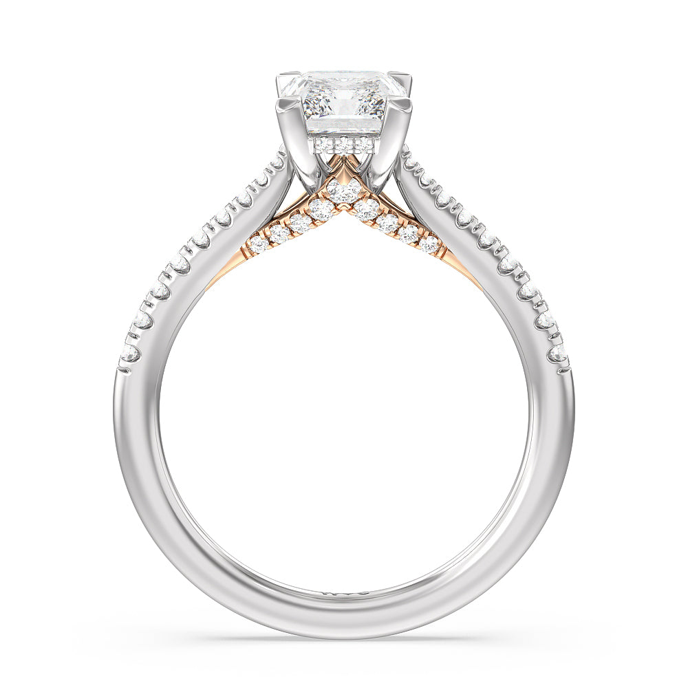 Tapered Pave Diamond Hidden Halo Ring with Radiant Cut Diamond in 14KT White & Rose Gold view 2
