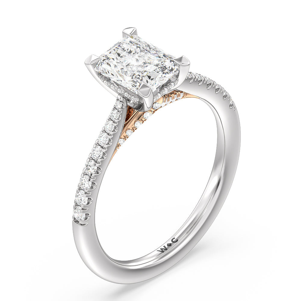 Tapered Pave Diamond Hidden Halo Ring with Radiant Cut Diamond in 14KT White & Rose Gold view 3
