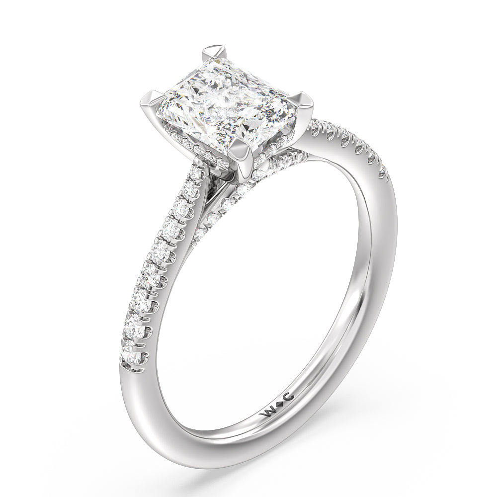 Tapered Pave Diamond Hidden Halo Ring with Radiant Cut Diamond in 14KT Platinum view 3
