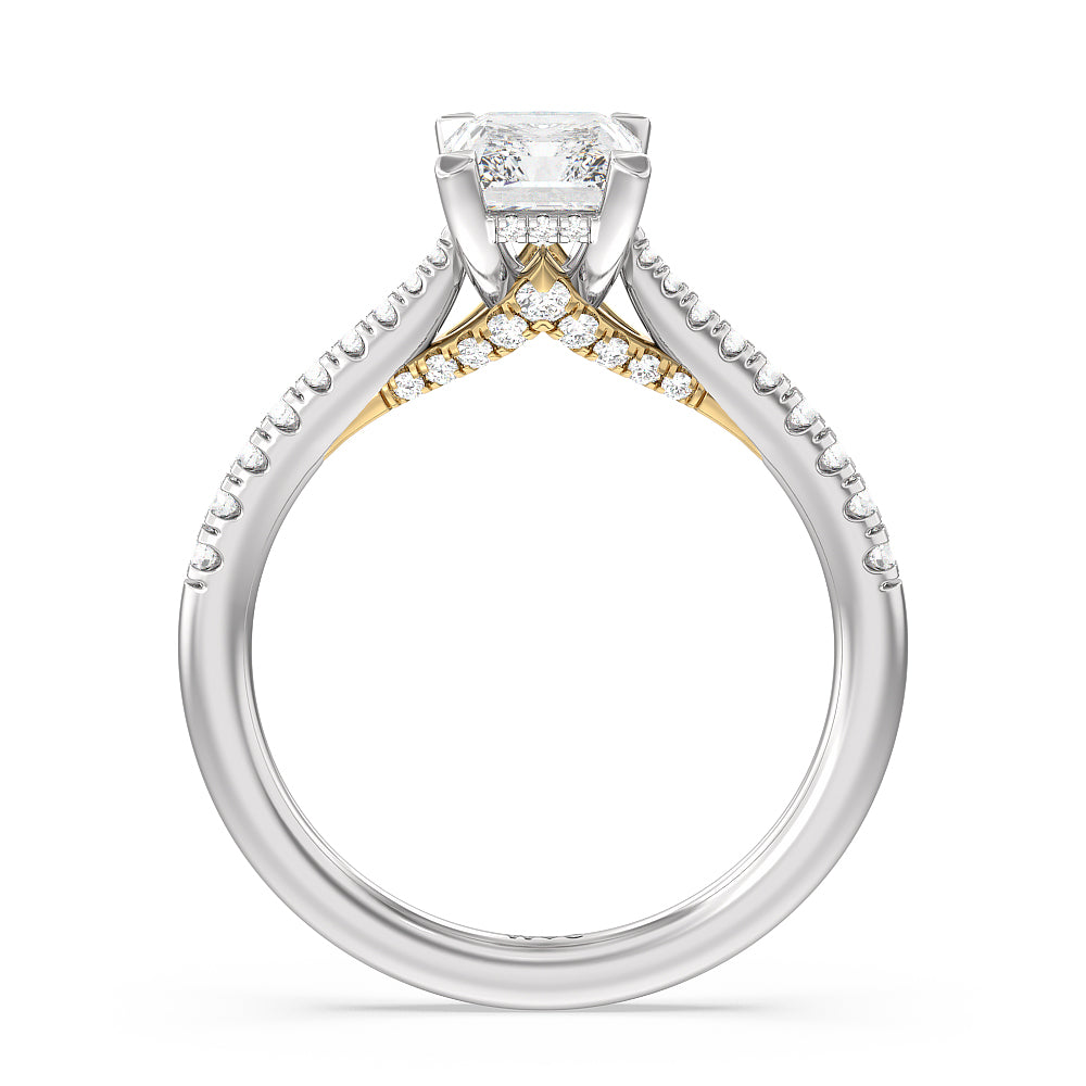 Tapered Pave Diamond Hidden Halo Ring with Radiant Cut Diamond in 14KT White & Yellow Gold view 2
