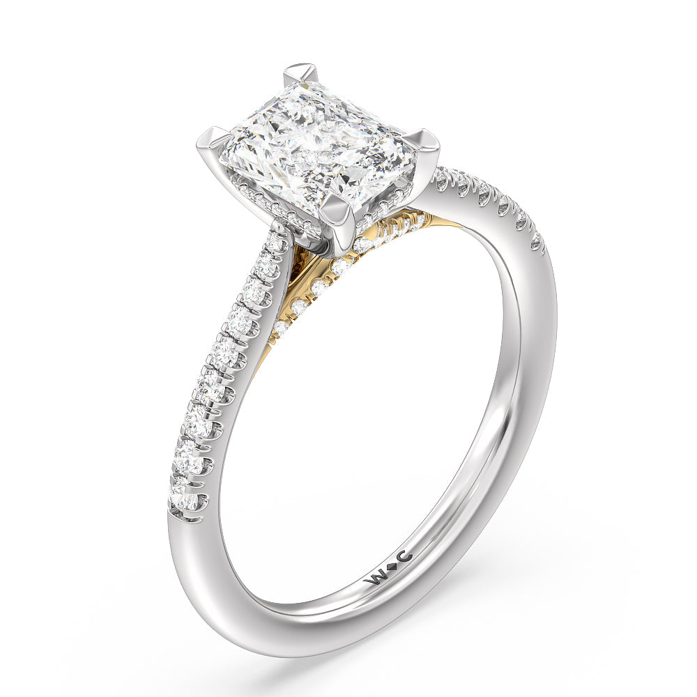 Tapered Pave Diamond Hidden Halo Ring with Radiant Cut Diamond in 14KT White & Yellow Gold view 3
