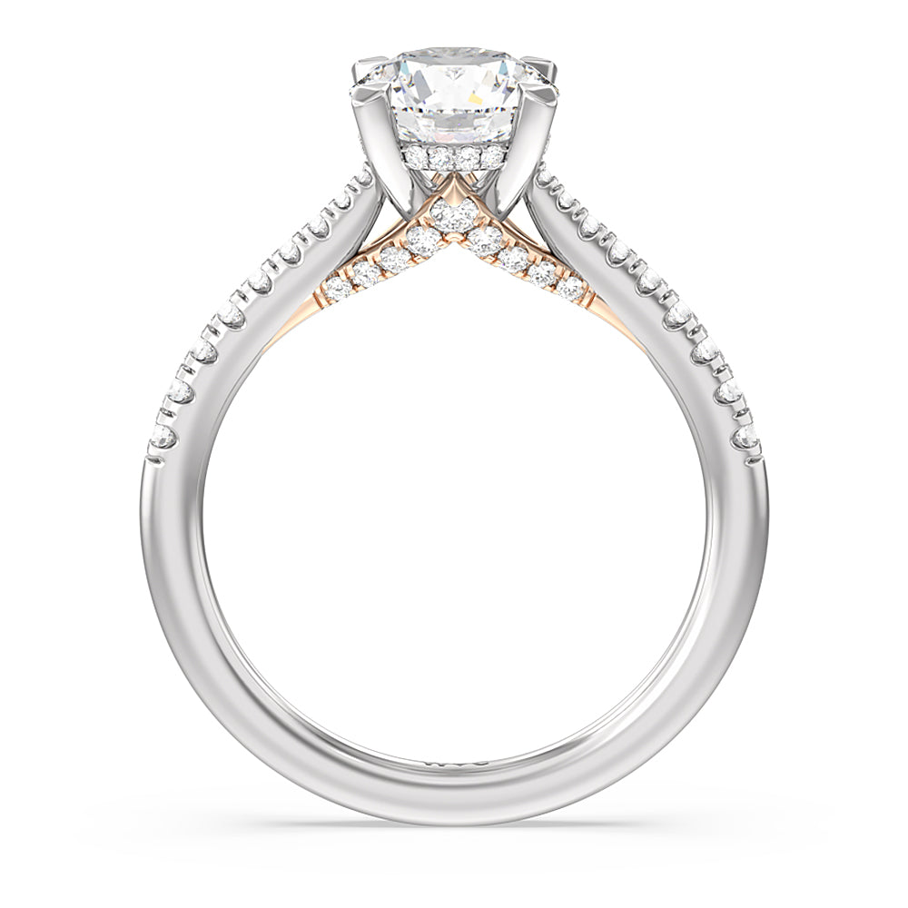 Tapered Pave Diamond Hidden Halo Ring with Round Cut Diamond in 14KT White & Rose Gold view 2
