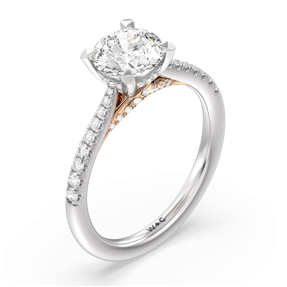 Tapered Pave Diamond Hidden Halo Ring with Round Cut Diamond in 14KT White & Rose Gold view 3
