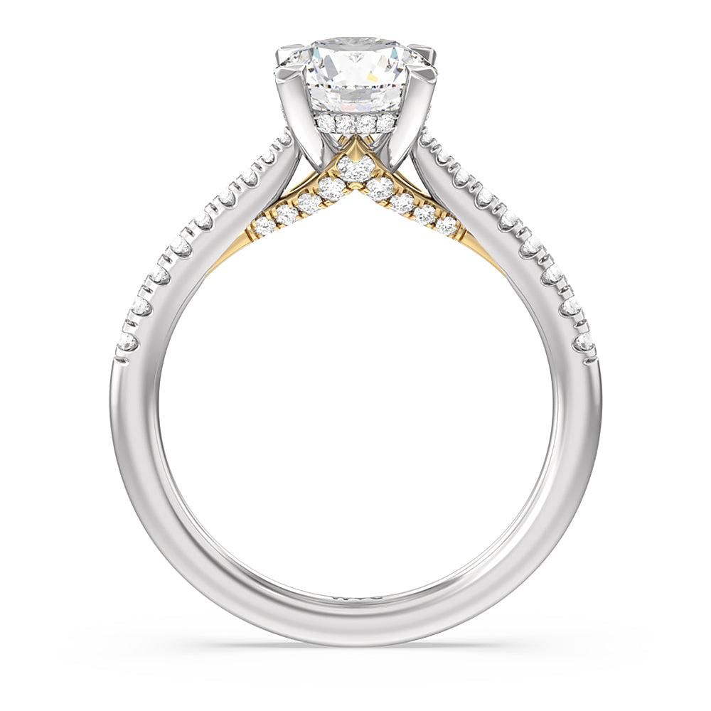 Tapered Pave Diamond Hidden Halo Ring with Round Cut Diamond in 14KT White & Yellow Gold view 2
