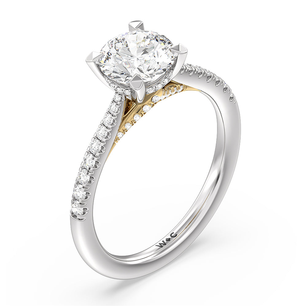 Tapered Pave Diamond Hidden Halo Ring with Round Cut Diamond in 14KT White & Yellow Gold view 3
