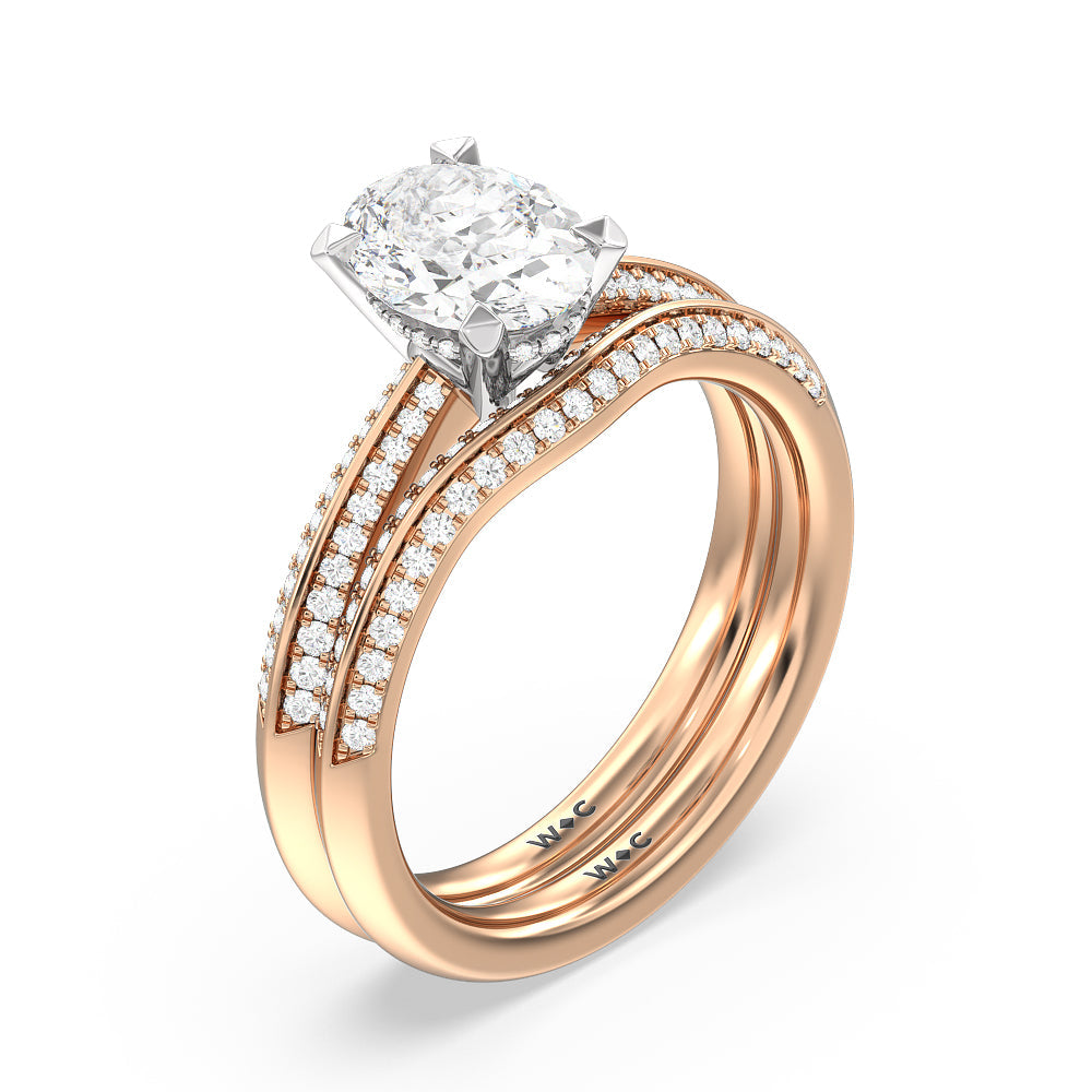 Tapered Knife Edge Hidden Halo Engagement Ring with Oval Cut Diamond in 14KT White & Rose Gold view 4
