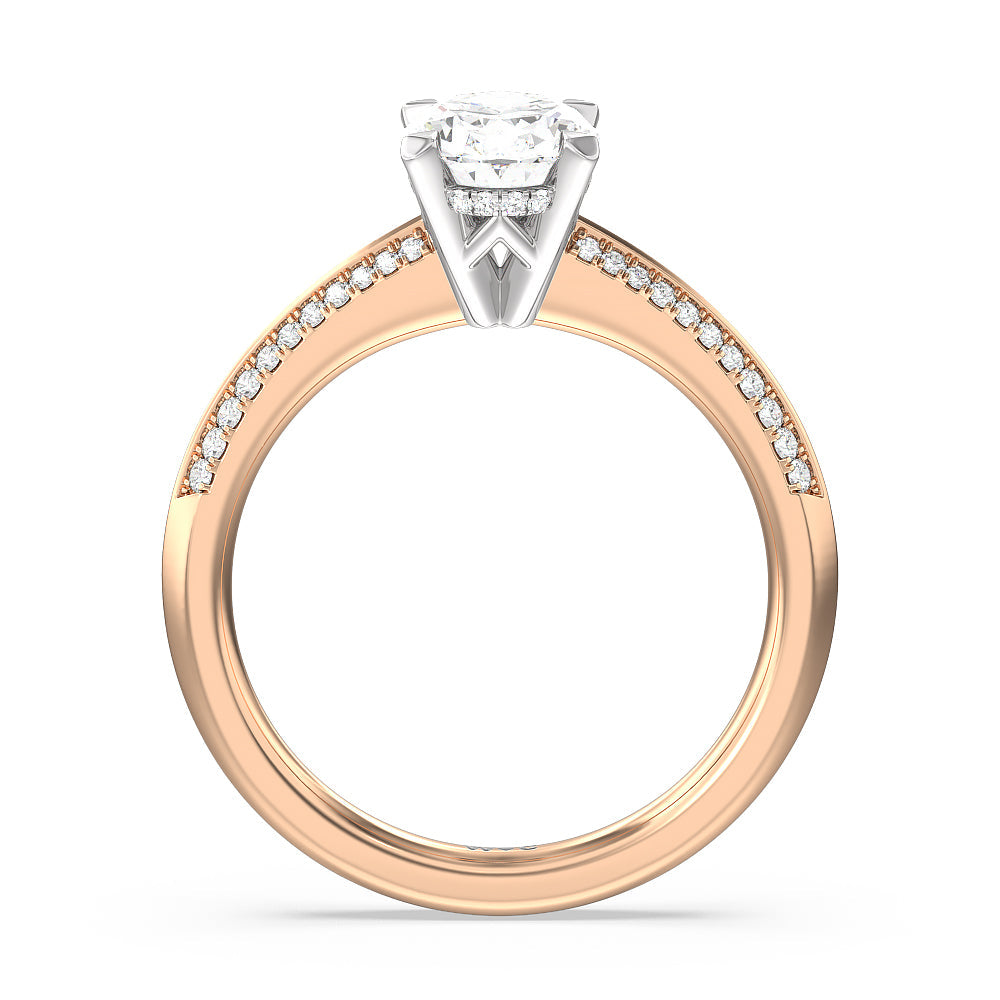 Tapered Knife Edge Hidden Halo Engagement Ring with Oval Cut Diamond in 14KT White & Rose Gold view 2
