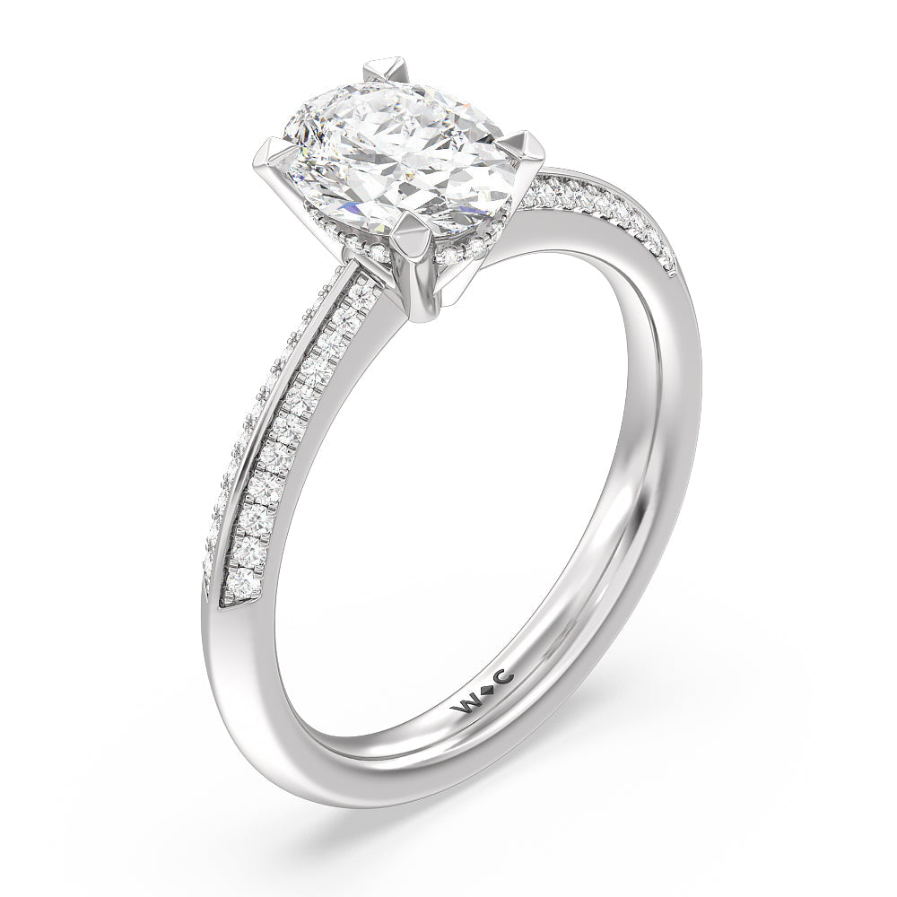 Tapered Knife Edge Hidden Halo Engagement Ring with Oval Cut Diamond in 14KT Platinum view 3
