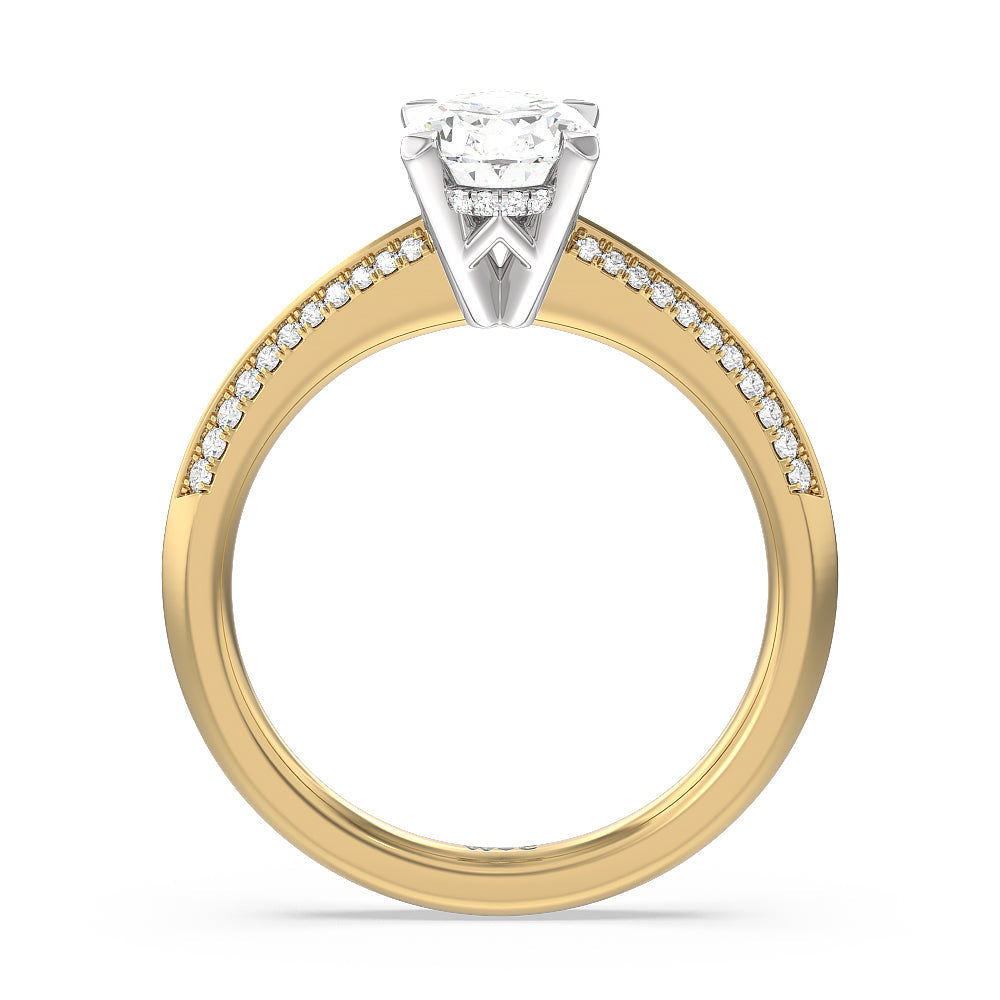 Tapered Knife Edge Hidden Halo Engagement Ring with Oval Cut Diamond in 14KT White & Yellow Gold view 2
