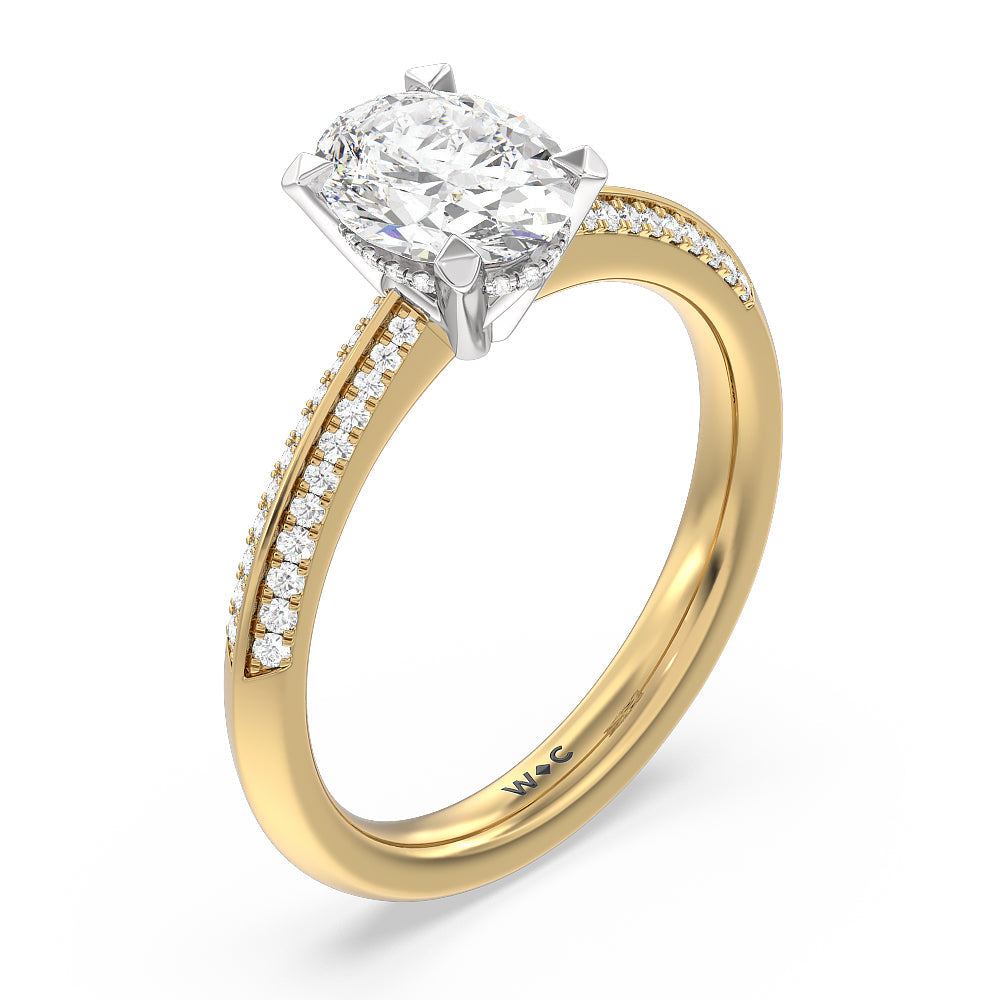 Tapered Knife Edge Hidden Halo Engagement Ring with Oval Cut Diamond in 14KT White & Yellow Gold view 3
