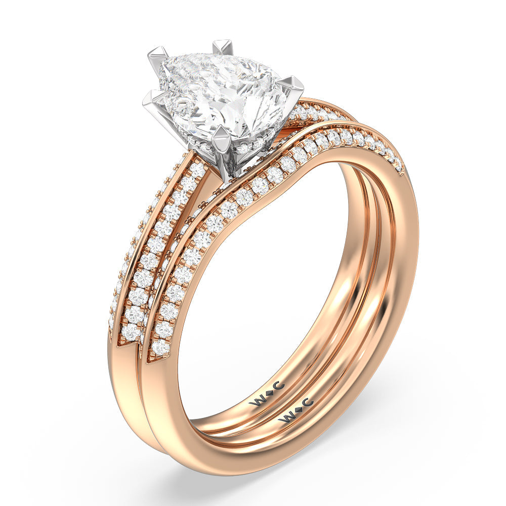Tapered Knife Edge Hidden Halo Engagement Ring with Pear Cut Diamond in 14KT White & Rose Gold view 4
