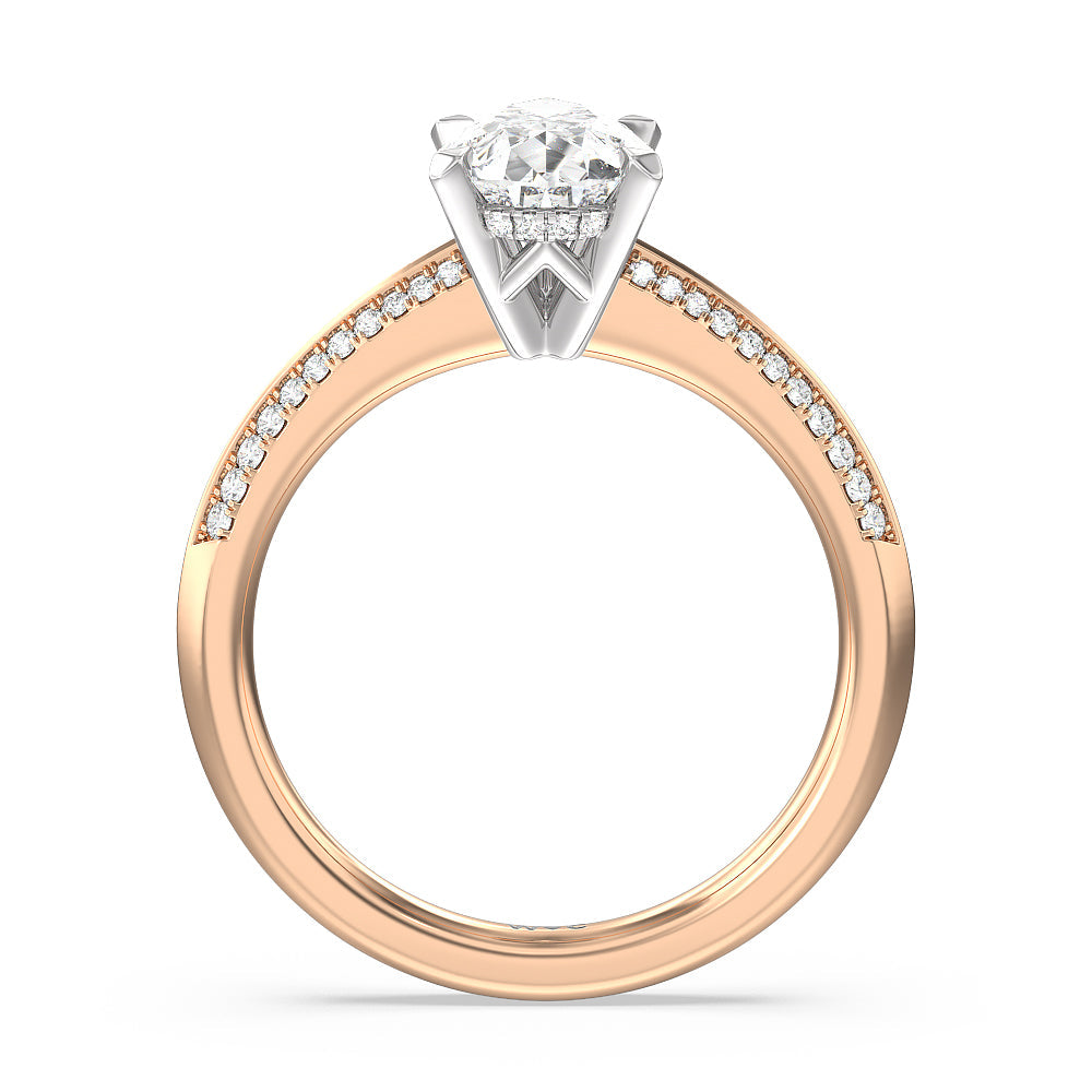 Tapered Knife Edge Hidden Halo Engagement Ring with Pear Cut Diamond in 14KT White & Rose Gold view 2
