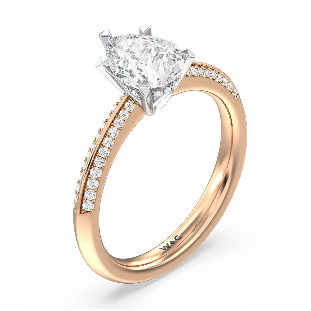 Tapered Knife Edge Hidden Halo Engagement Ring with Pear Cut Diamond in 14KT White & Rose Gold view 3
