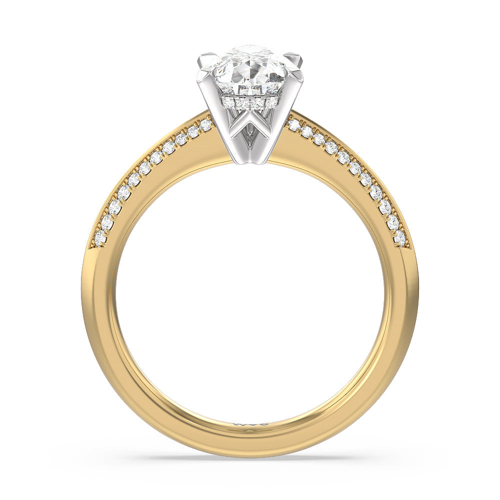 Tapered Knife Edge Hidden Halo Engagement Ring with Pear Cut Diamond in 14KT White & Yellow Gold view 2
