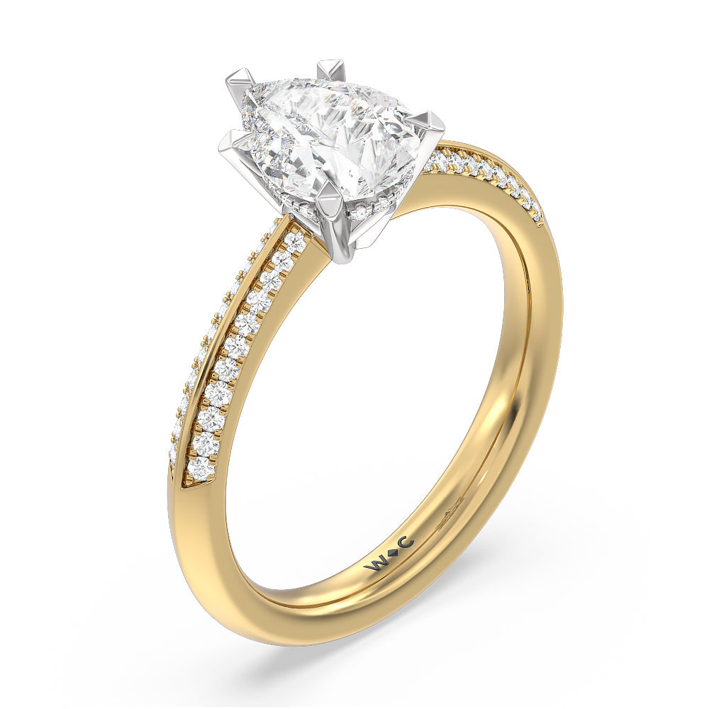 Tapered Knife Edge Hidden Halo Engagement Ring with Pear Cut Diamond in 14KT White & Yellow Gold view 3
