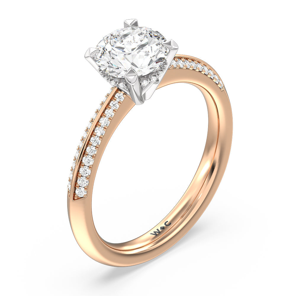 Tapered Knife Edge Hidden Halo Engagement Ring with Round Cut Diamond in 14KT White & Rose Gold view 3
