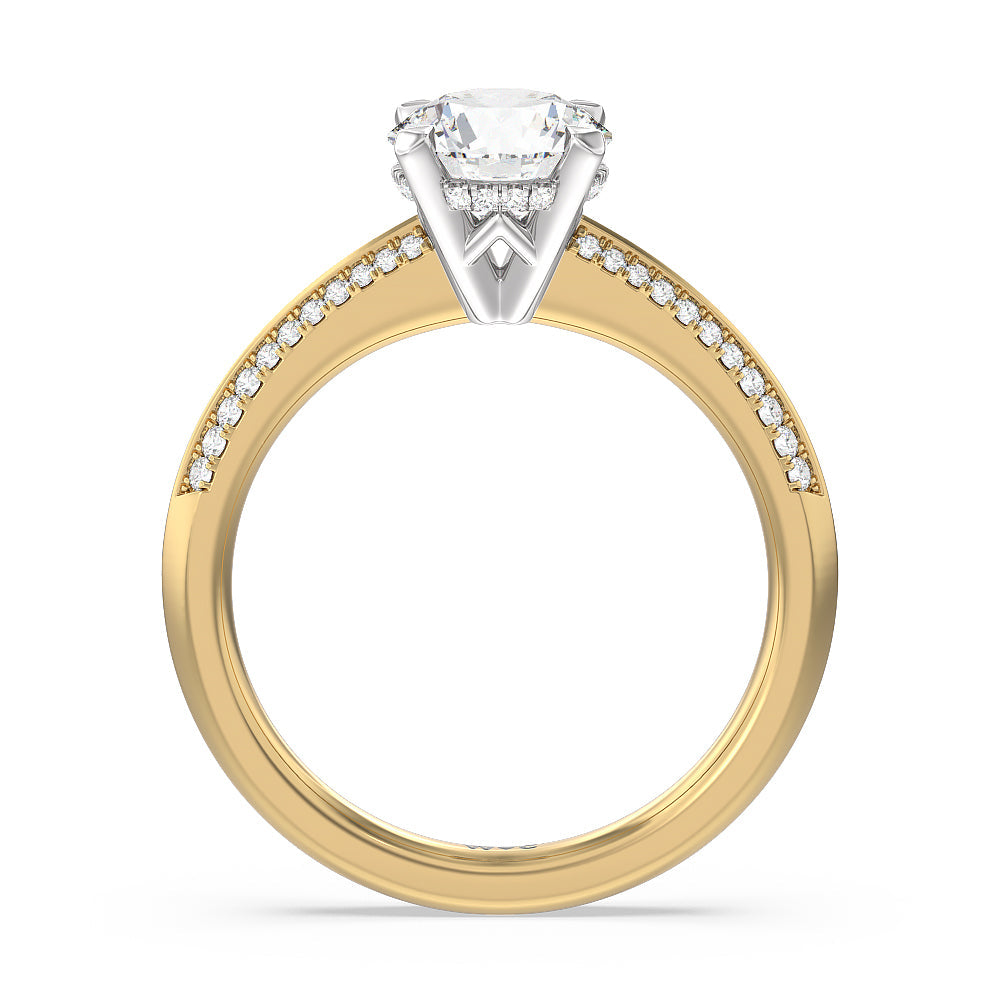Tapered Knife Edge Hidden Halo Engagement Ring with Round Cut Diamond in 14KT White & Yellow Gold view 2
