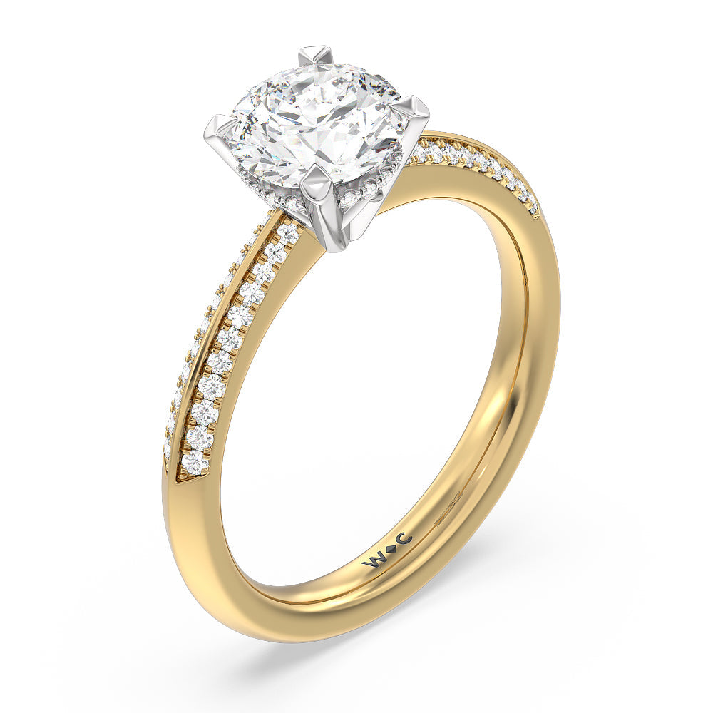 Tapered Knife Edge Hidden Halo Engagement Ring with Round Cut Diamond in 14KT White & Yellow Gold view 3

