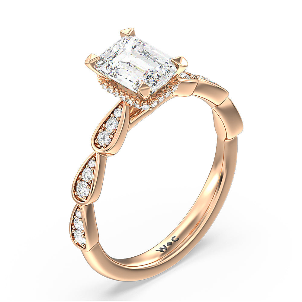 Petal Hidden Halo Engagement Ring with Emerald Cut Diamond in 14KT Rose Gold view 3
