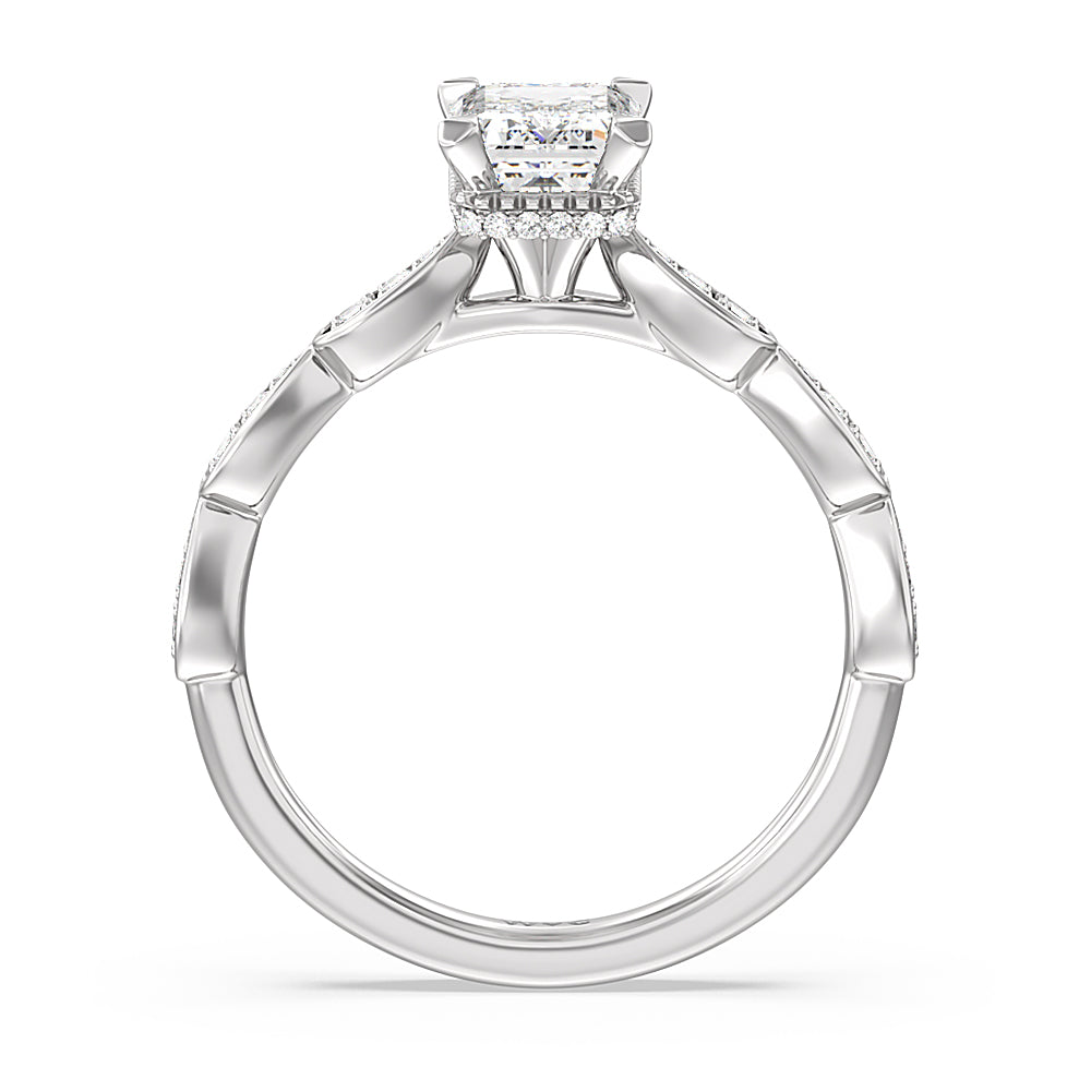 Petal Hidden Halo Engagement Ring with Emerald Cut Diamond in 14KT Platinum view 2
