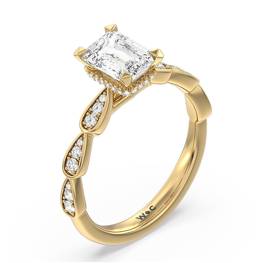 Petal Hidden Halo Engagement Ring with Emerald Cut Diamond in 14KT Yellow Gold view 3
