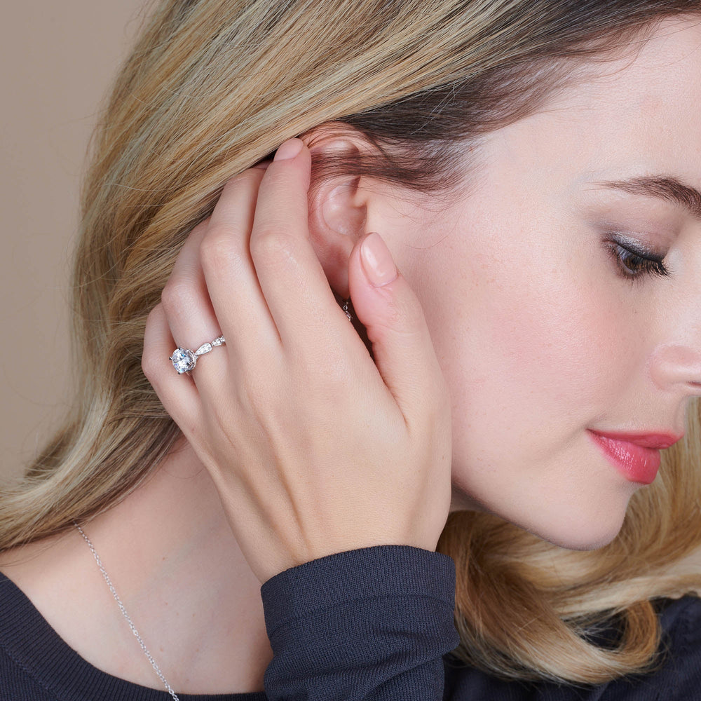 Model Wearing Petal Hidden Halo Engagement Ring view