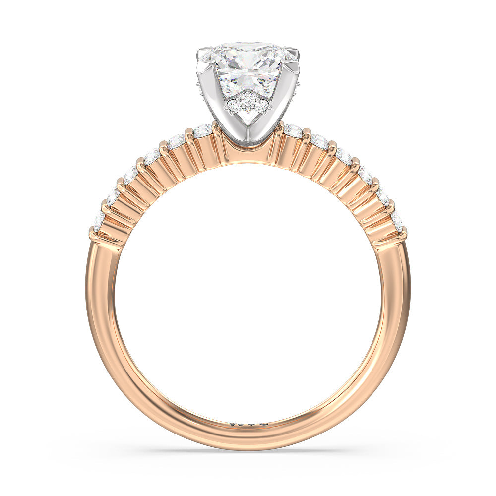 Double Row Diamond Hidden Halo Engagement Ring with Cushion Cut Diamond in 14KT White & Rose Gold view 2
