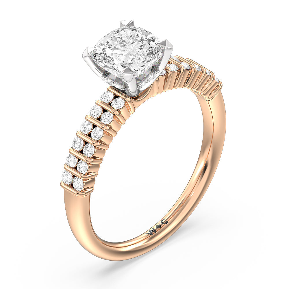 Double Row Diamond Hidden Halo Engagement Ring with Cushion Cut Diamond in 14KT White & Rose Gold view 3
