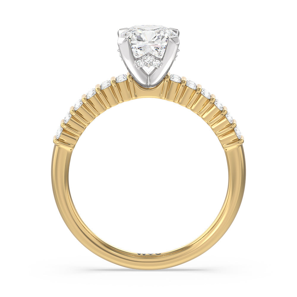 Double Row Diamond Hidden Halo Engagement Ring with Cushion Cut Diamond in 14KT White & Yellow Gold view 2
